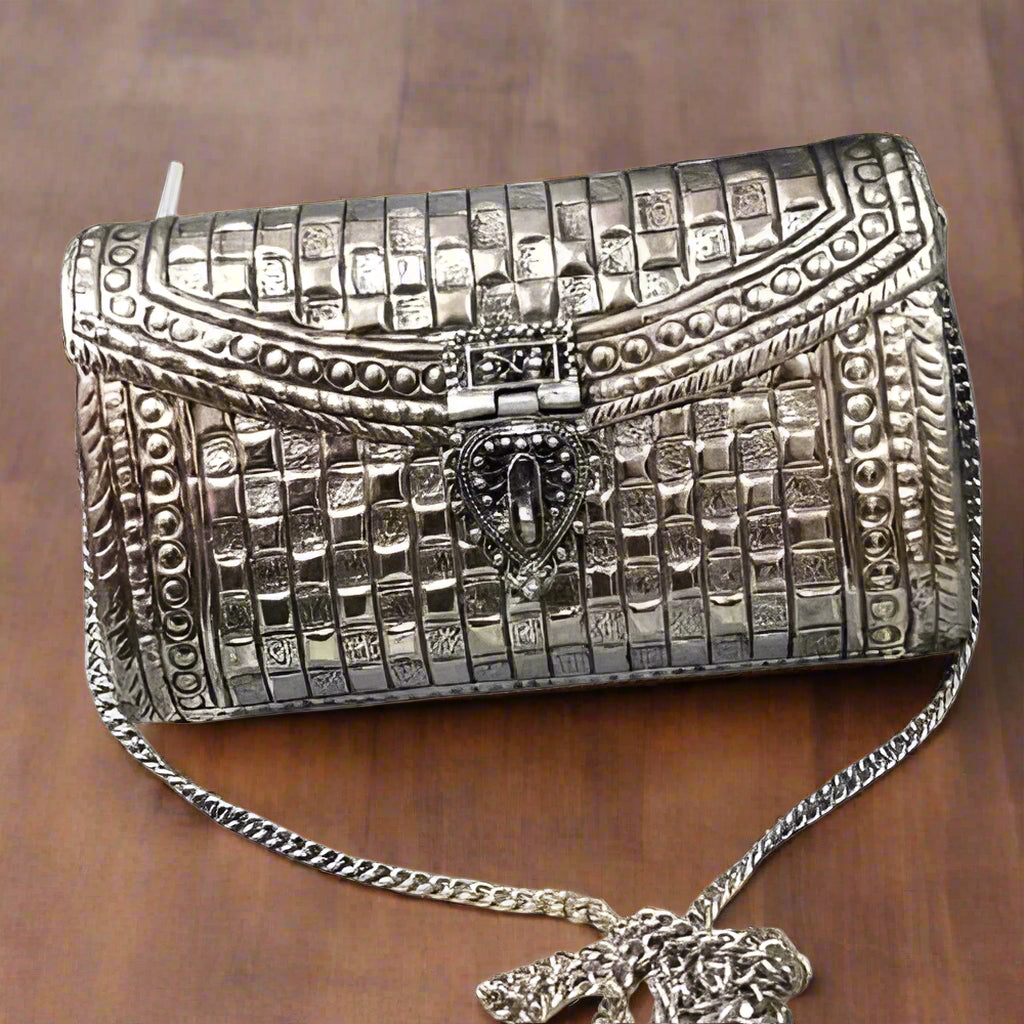 german silver check design hand carved hand bag/evening bags for women